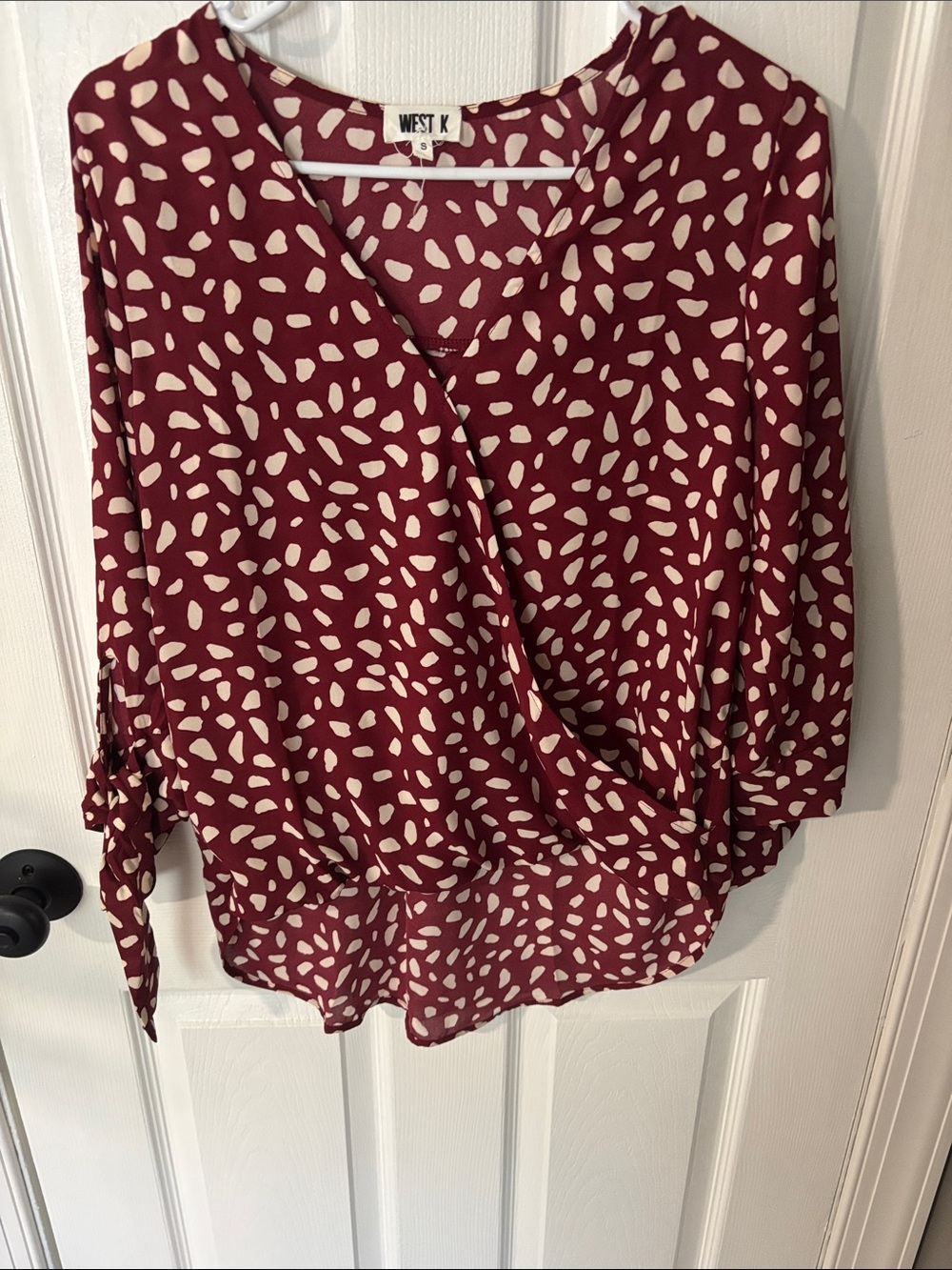 West K Burgundy & Cream Tie-Sleeve Wrap Blouse